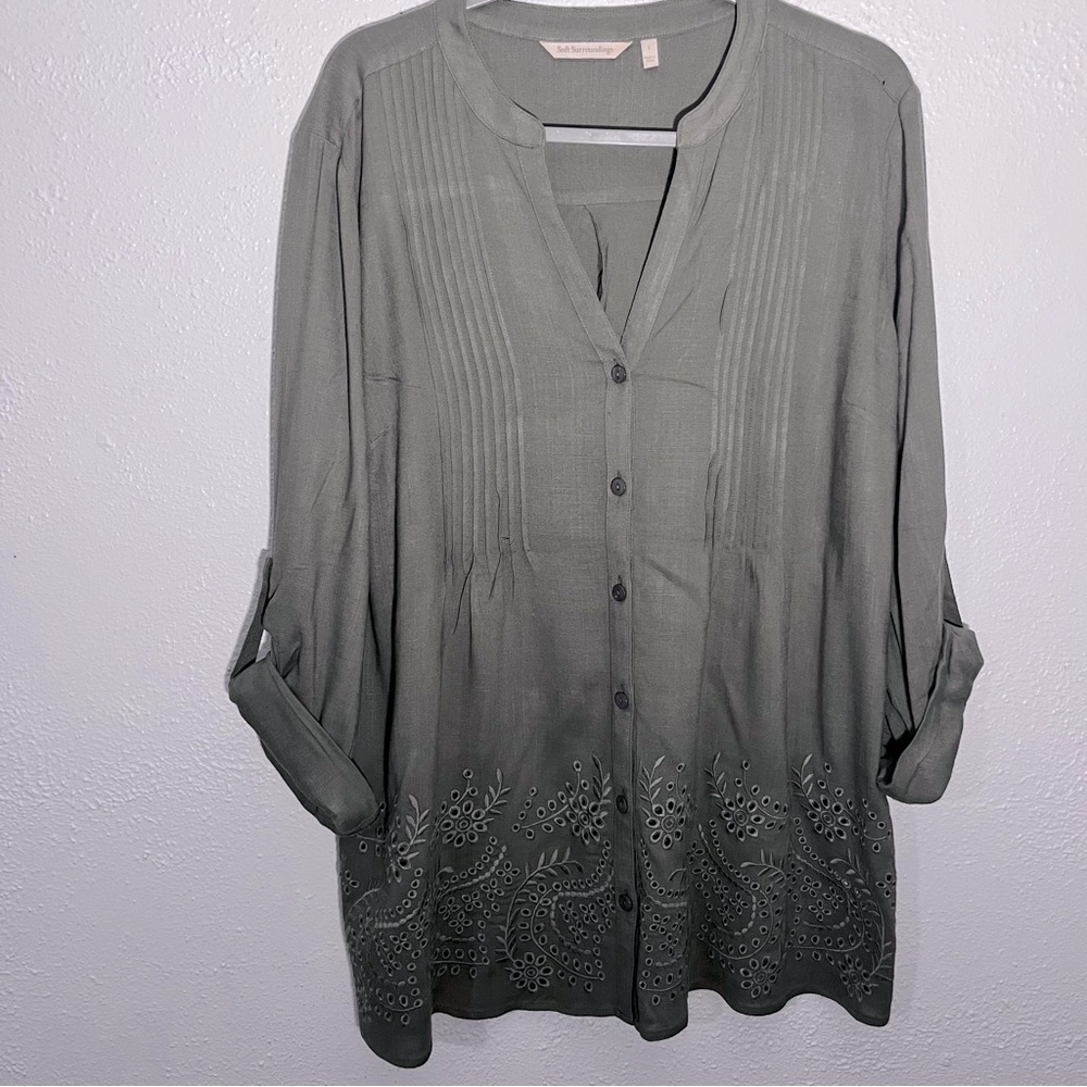 Soft Surroundings New Size L Anglaise Olive Green Eyelet Tunic Button Down Shirt